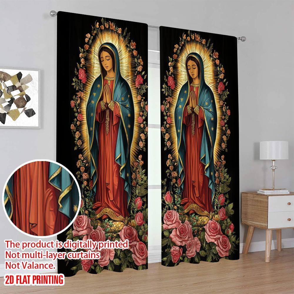 2 Stück Fenstervorhänge Göttliches Blumendesign Polyester, Ohne Strom Partydekorationen Perfekt für Raumdekor Ästhetik