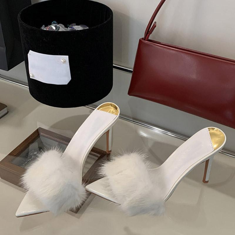 Liyke Summer Party Banquet High Heels Modern Slippers Women White Fluffy Feathers Designer Sandals Sexy Pointed Toe Mules Shoes
