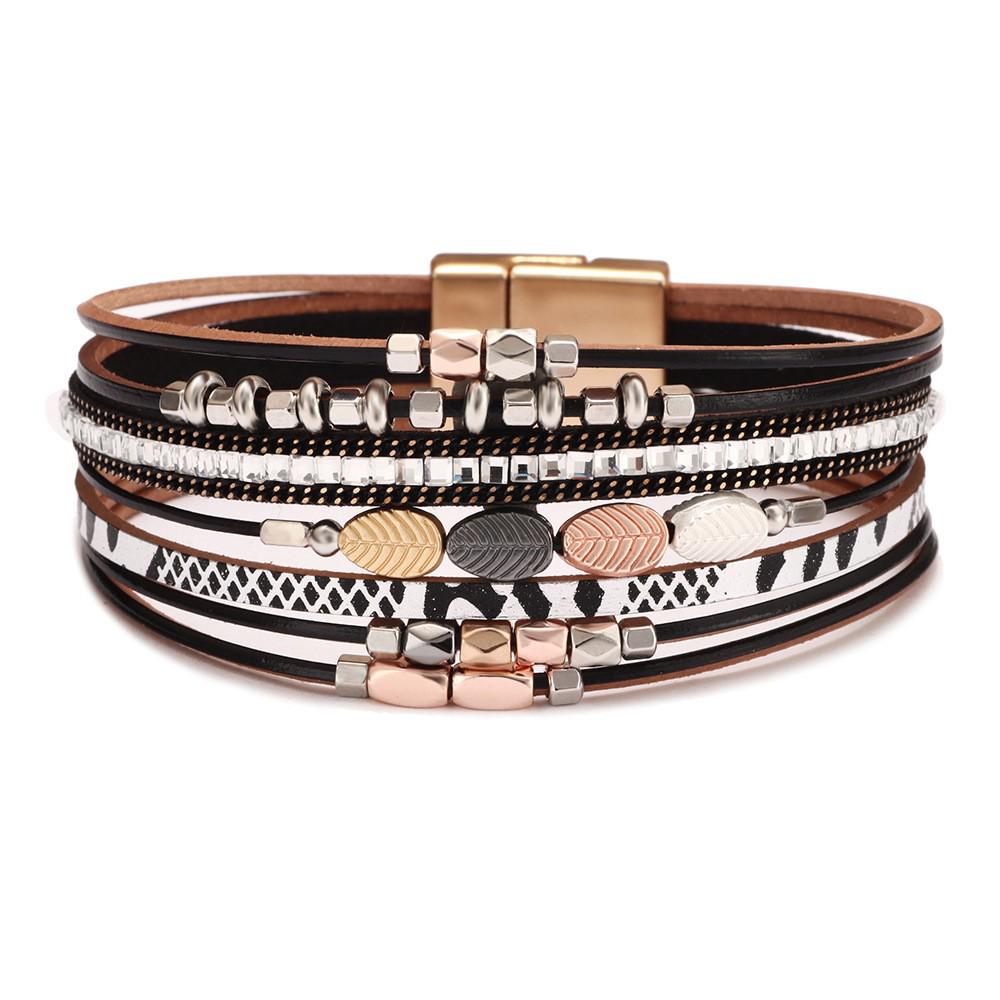Bohemian Micro-Diamond Cross Bracelet with Magnetic Clasp & PU Leather