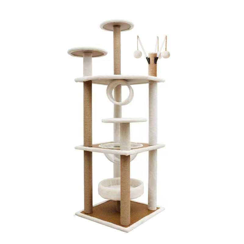 Multifunctional Rattan Cat Tree with Sisal Posts, Velvet Mats, Climbing Platform, Scratch Boards, and Cozy Nest for All Seasons