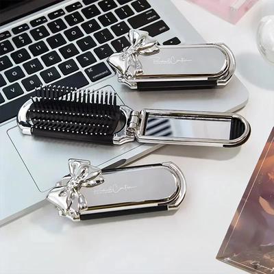 Bow Mini Hair Brush Folding Massage Comb Head Massage Anti-Static Hair Brush Girl Hair Comb with Mirror Portable Traveling