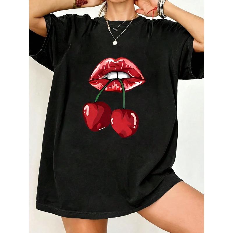 Black Oversized T Shirt With Red Lips And Cherries Print For Casual Wear
