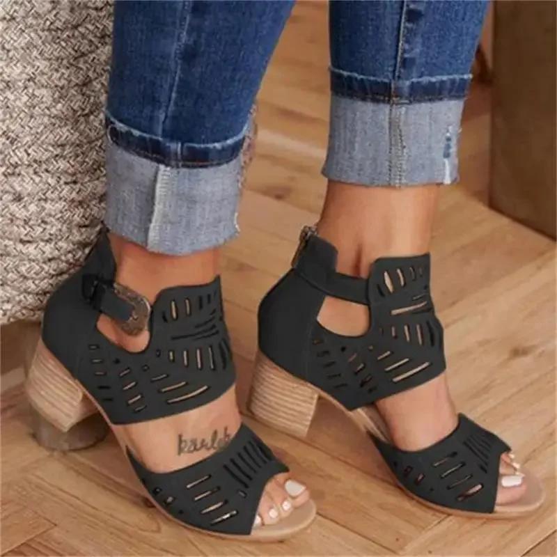 Fashion Women Mid Heel Summer Slip-on Buckle Ladies Shoes Open Toe Casual Wedding Pumps Sandalias Solid Color Thick Heeled Sandales