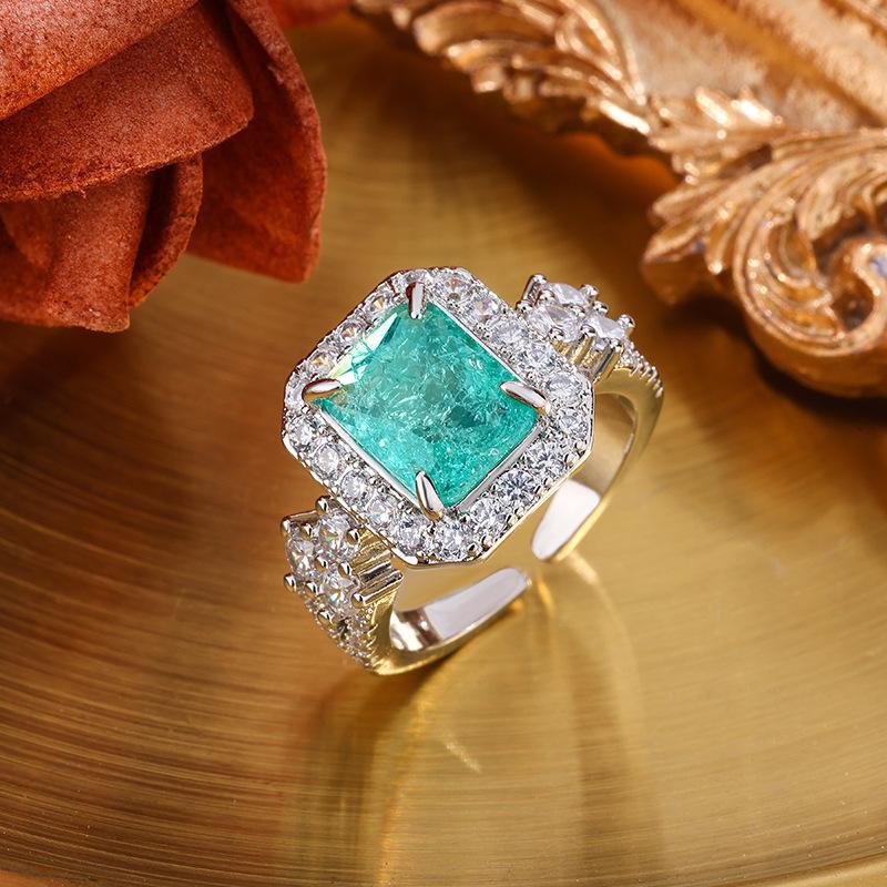 Ring Jewelry Temperament Princess Square Tourmaline Women'S Open Ring Emerald Imitation Copper