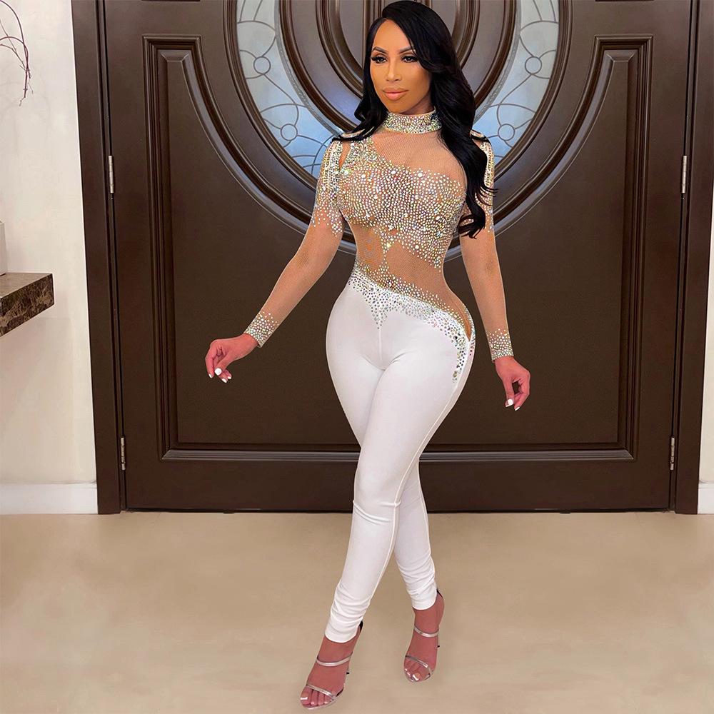 

Женский сексуальный сетчатый прозрачный комбинезон с длинными рукавами и стразами XL белый