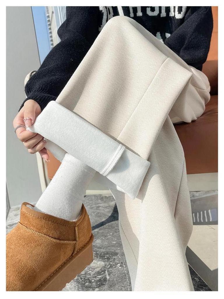 2025 Autumn/Winter High-Waisted Herringbone Wool Blend Wide-Leg Pants