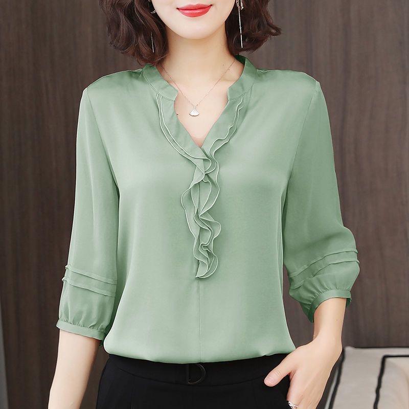 

Women Spring Summer Style Blouses Shirts Lady Casual Three Quarter Sleeve V-Neck Ruffles Decor Loose Fit Slimming Mid Sleeve Top M світло-зелений колір