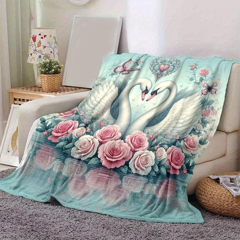 1pc Swan Printing Lightweight Flannel Blanket, Comfortable and Warm Blanket, for Camping Sofa Bed and Couch Office, Suitable for Gift Blanket