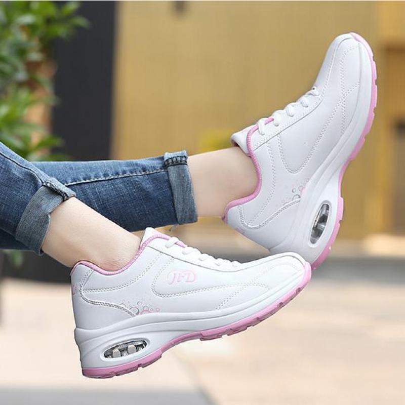 Fashion Women's Black Leather Sneakers Air Cushion Shoes Autumn Casual Lace Up Lightweight Anti-slip Running Shoes Women Outdoor Sports