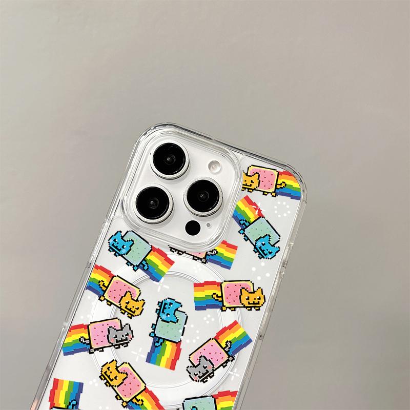 Rainbow Cat Wireless Charging Case for iPhone 17 Air 16 E 15 14 13 12 Mini 11 Pro Max Dustproof Transparent Silicone Edge Cover