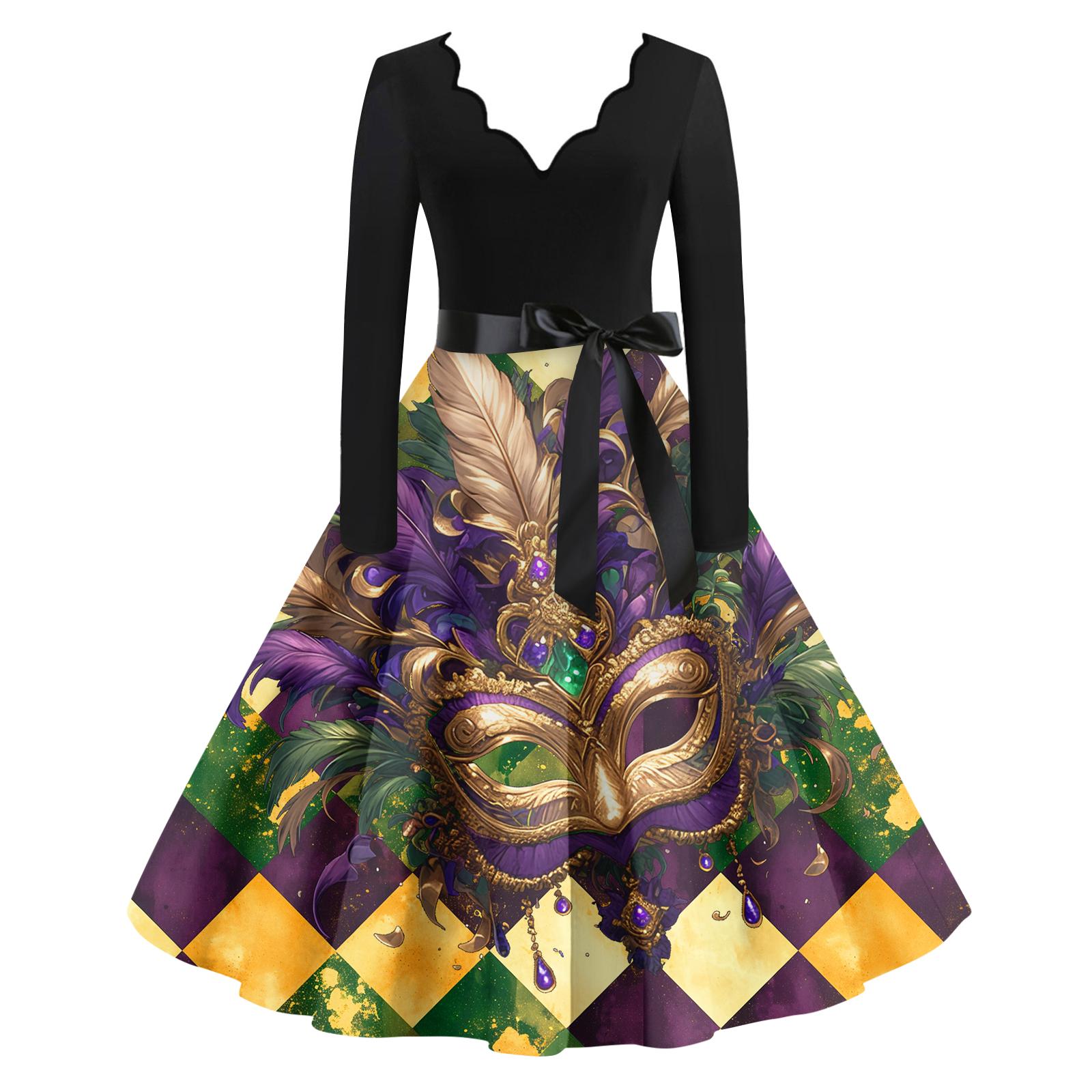 

Женское повседневное модное платье с V-образным вырезом и длинным рукавом с принтом в винтажном стиле S