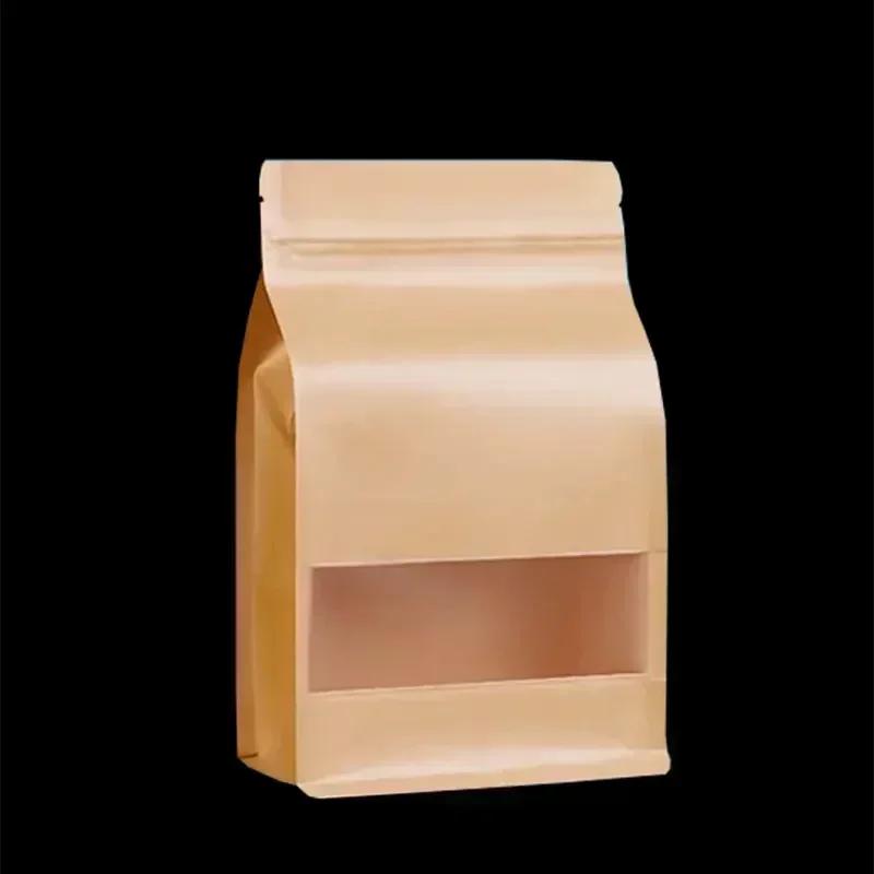 50pcs Widen Side Seal Kraft Paper with Matte Window Stand Up Bag Tea Nut Seal Up Package Bags Moisture-proof Zipper Show Pouch