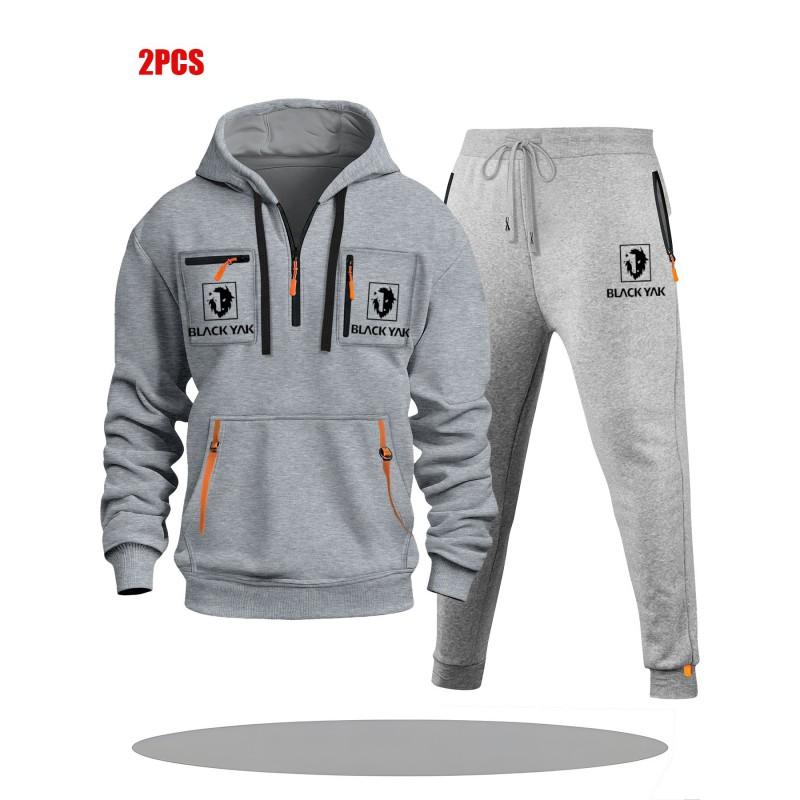 Mens Hoodie Sweatshirt Set Solid Color Multi-Zipper Pockets Casual Wear