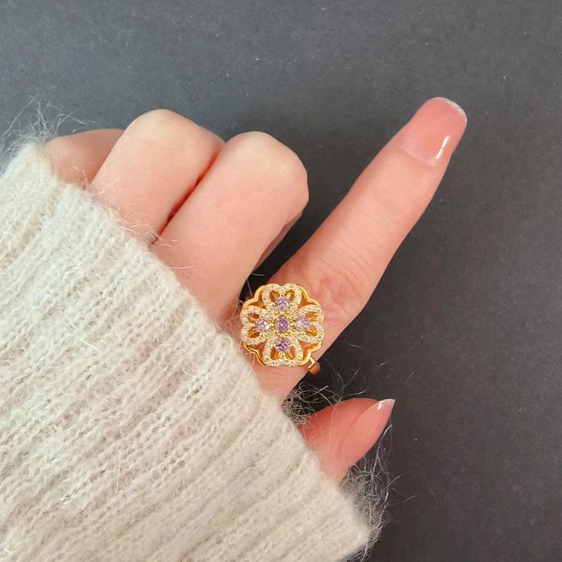 Offener Ring mit Zirkonia-Blume, Damen-Design, Nischenring, zweifarbig, Sonnenblume, doppelte Kamelie, personalisierbar, vielseitig verstellbar, Windmühlenring, Schmuck