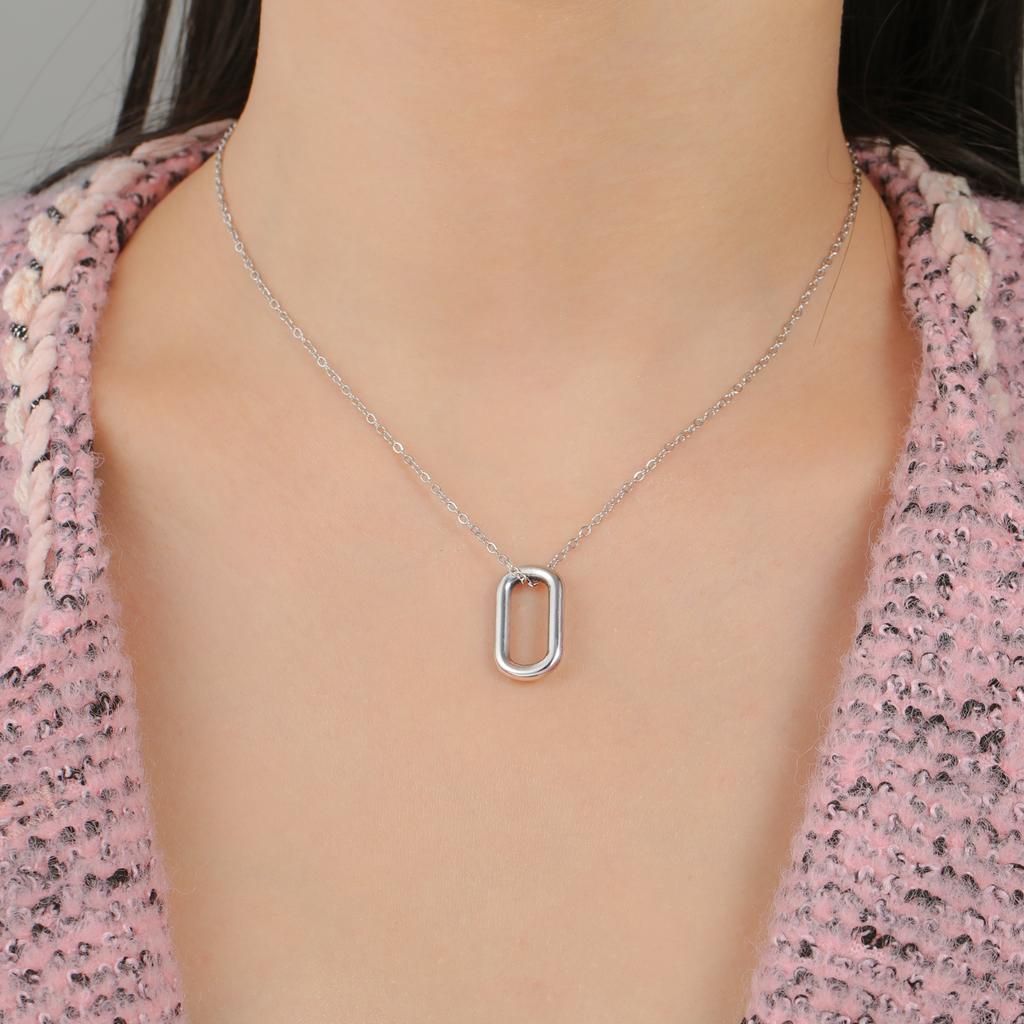 Teamer Minimalist Round Rectangle Pendant Necklace for Women Girls Stainless Steel Trendy Geometric Choker Daily Office Jewelry