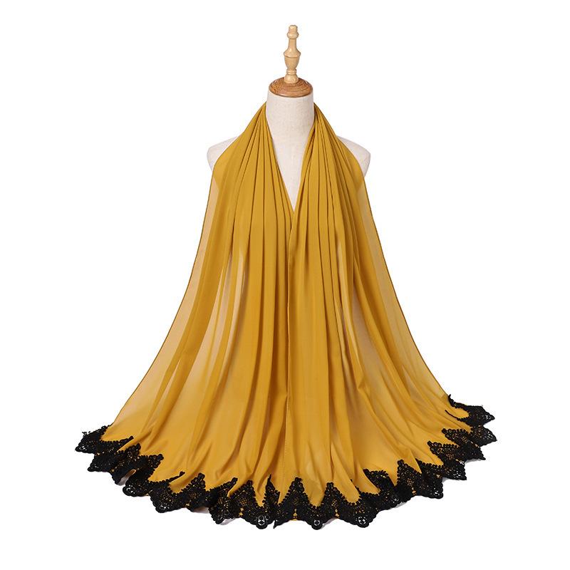 New Pearl Chiffon Malaysia Fashion Black Lace Scarves Muslim Shawl Plain Soft Turban Head Wraps Headband