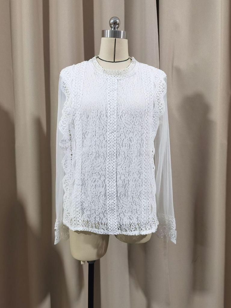 Nové elegantní jednobarevné síťované krajkové top s dlouhým rukávem a nabíranými rukávy pro ženy