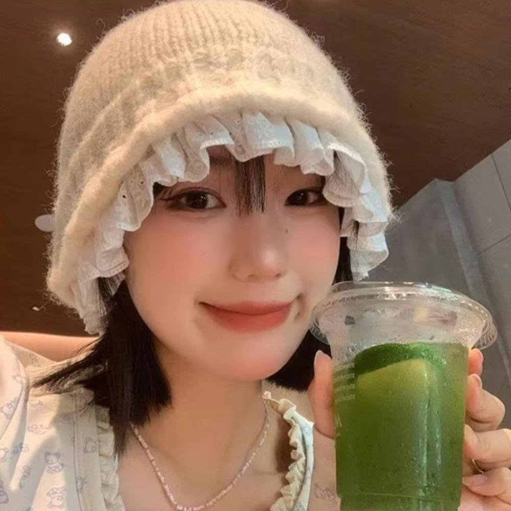 Lace Flower Ruffle Winter Bucket Hat Solid Color Basin Cap Sweet Ear Protection Hats  Outdoor Girl