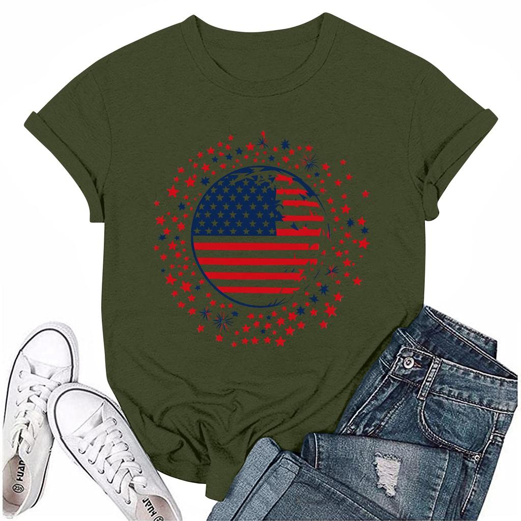 Women's Round Neck Casual Independence Day Printed Short Sleeve T-Shirt Top