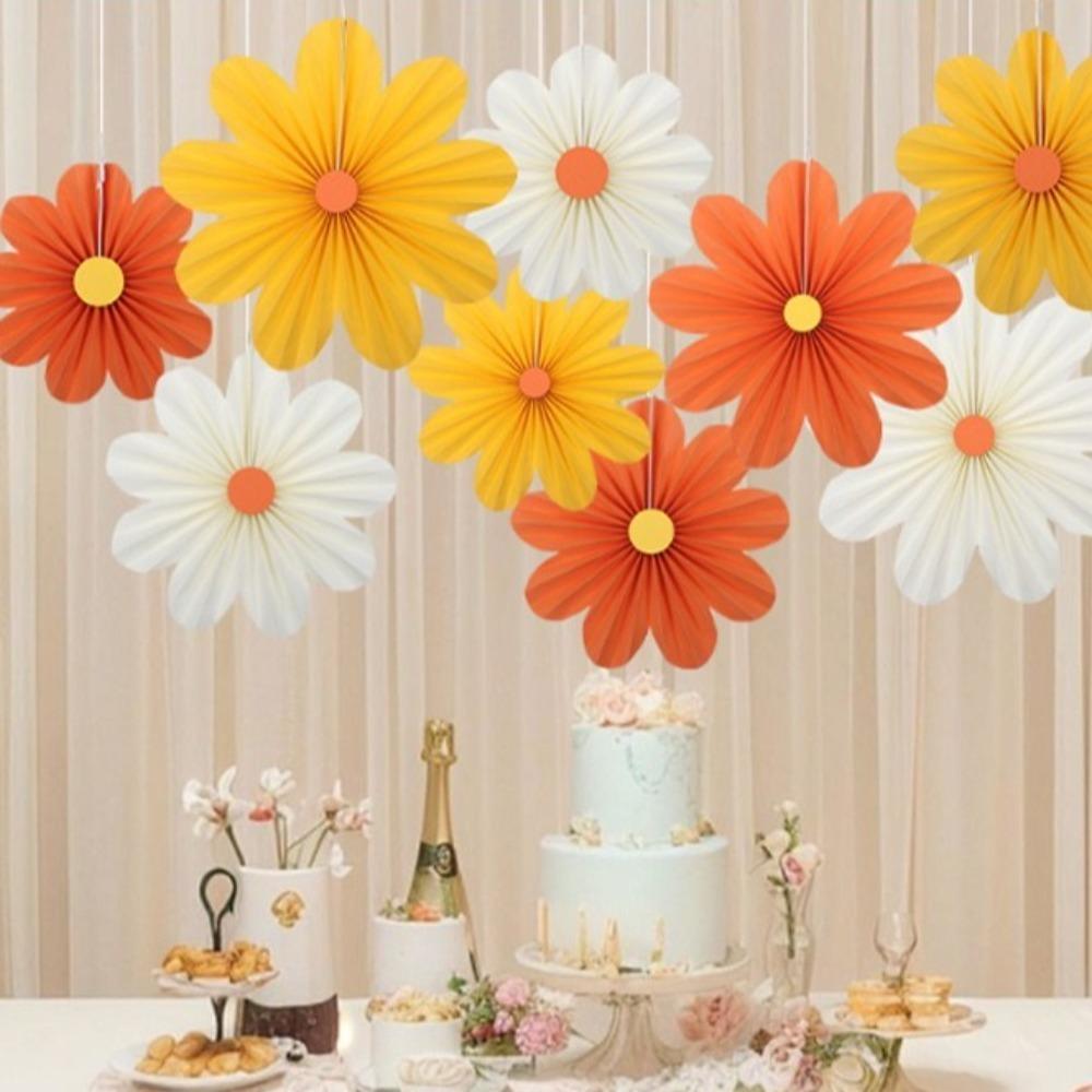 9pcs DIY Crafts Paper Fan Flower Pendant Garlands Yellow Orange Folding Fan Hanging Ornaments Decorative Daisy Hanging Banners