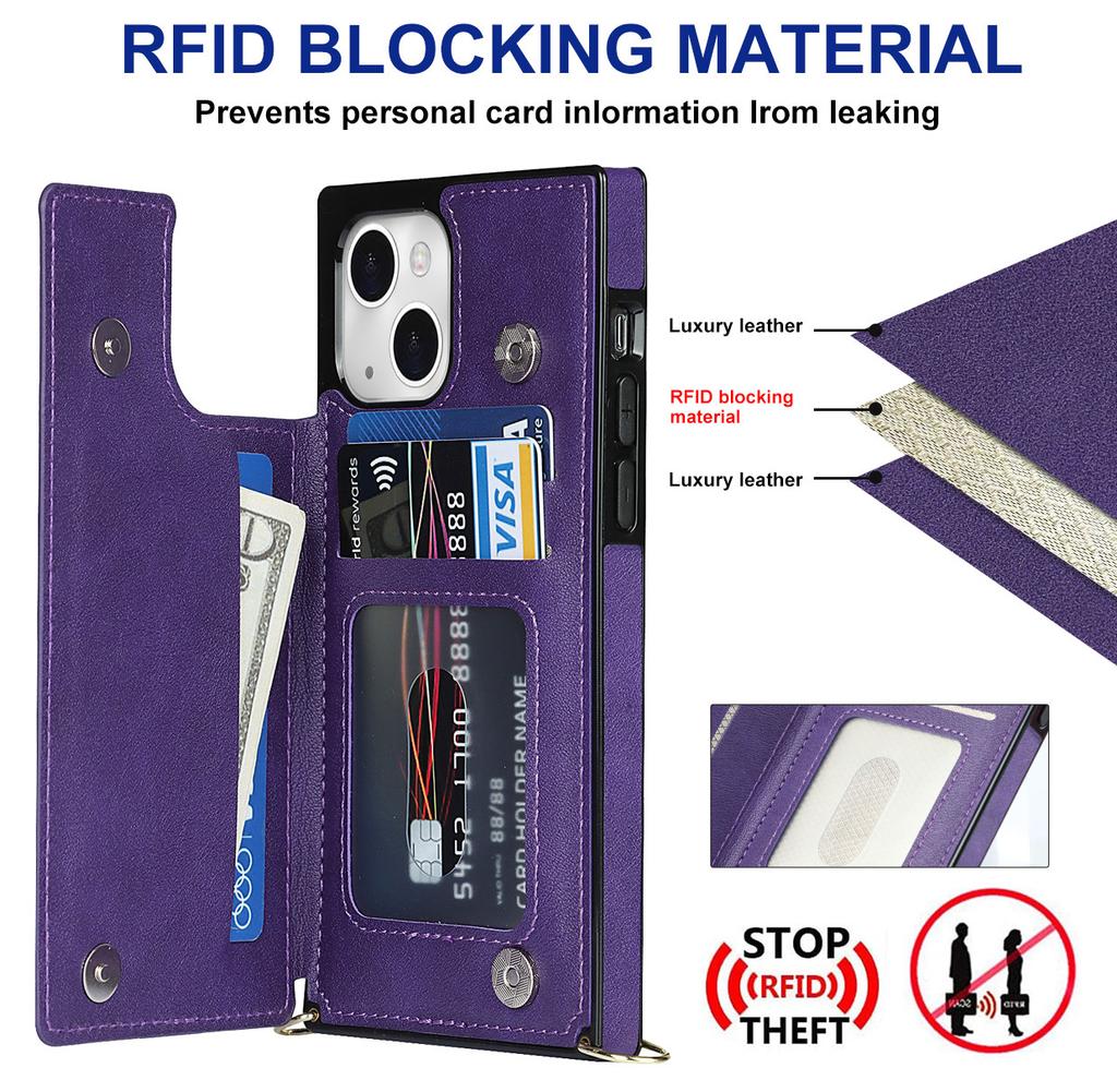 For iPhone 15 RFID Blocking Card Holder Back Cover Kickstand Phone Case with Shoulder Strap