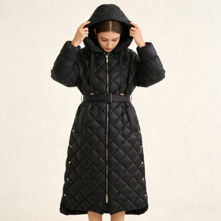 Autumn and Winter Fashion Europe Station Rhombus Hooded Belt Long Down Jacket Women's Warm Winter Tide