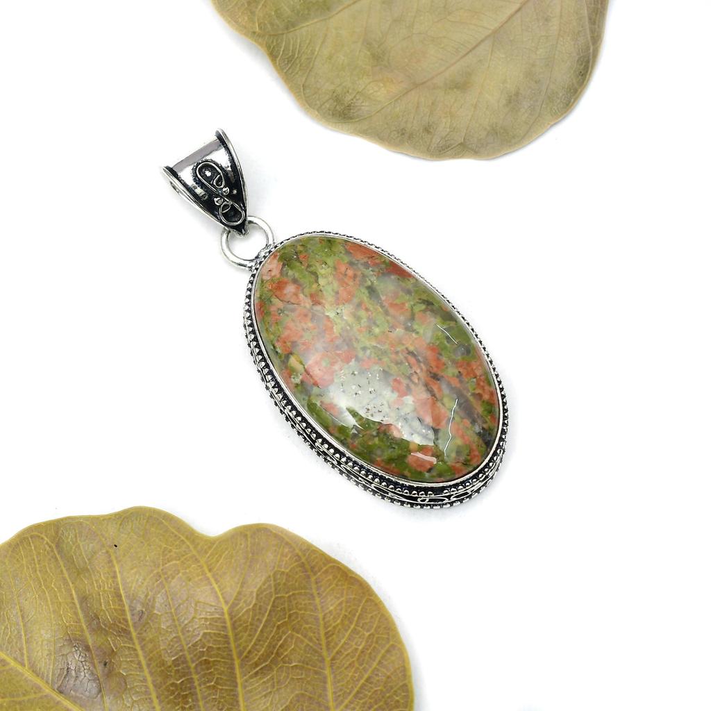 Unakite Gemstone Pendant : 925 Sterling Silver Handmade Jewelry Pendant