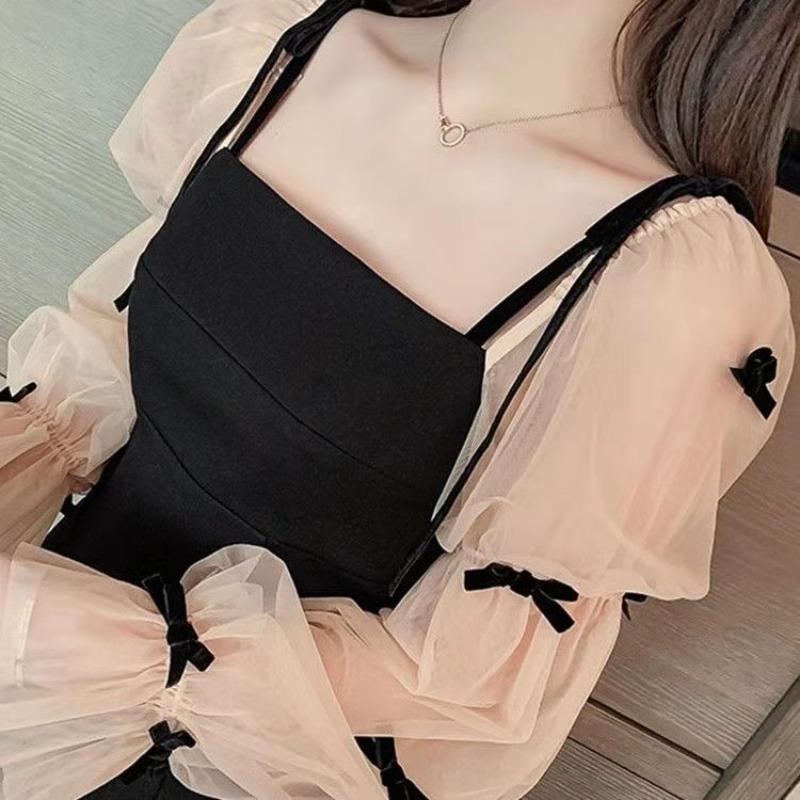 YYFS Women's Fashion Spring Fall Solid Color Print Long Sleeve Square Collar High Waist Casual Dresses