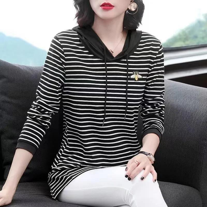 Women's Spring Plus Size Slim Hooded Bottom Shirt Autumn Striped Comfortable Top