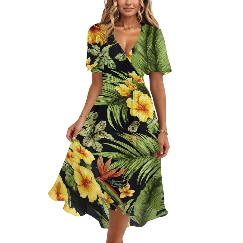 Women's Fashion Casual V Neck Short Sleeve Ruffled Vintage Printed Dresses