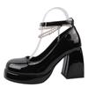 Vintage High Heels Mary Jane Shoes for Women 2024 Patent Leather Platform Pumps Woman Pearls Chain Thick-Heeled Shoes Female