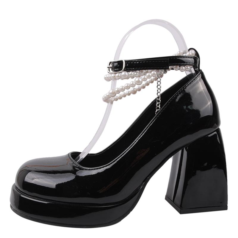 Vintage High Heels Mary Jane Shoes for Women 2024 Patent Leather Platform Pumps Woman Pearls Chain Thick-Heeled Shoes Female