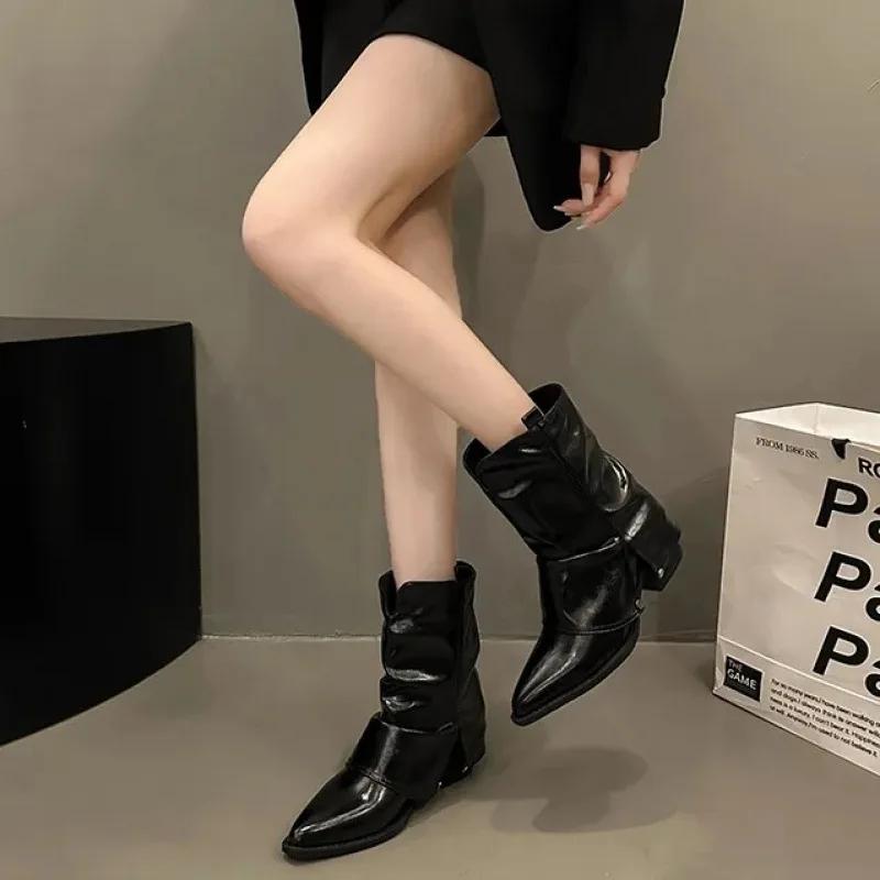 Fashion Women's Spring Summer New Style Western Denim Boots Black Pointed Toe Short Boots With Polyurethane Lining And Sole