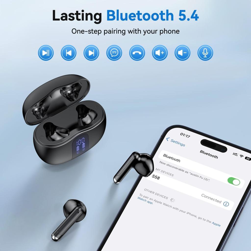 Wireless Earbuds, Bluetooth 5.4 Ear Buds with Power Display Charging Case, Stereo Deep Bass Headphones with 50H Playtime, IPX7 Waterproof Android/iOS