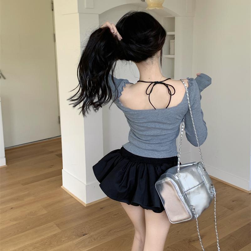 Sweet Cute Girly Style Irregular Long-sleeved T-shirt Halter Top Hot Girl Suit Female Autumn Two-piece Set Chic
