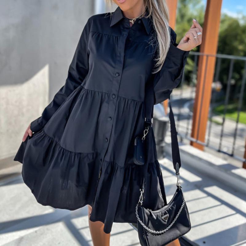 

Женская мода весна осень с длинным рукавом с лацканами повседневное однотонное платье с оборками цельное платье XXXL