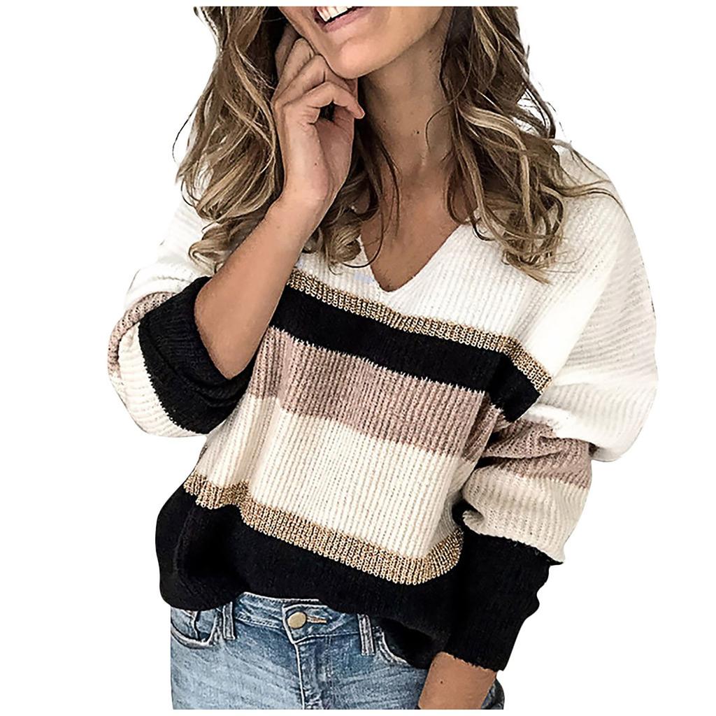 Fashion Women Casual Stripes V-Neck Patchwork Long Sleeves Sweater Blouse Tops