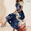 Women Plus Size Round Neck Short Sleeve Firework Star Printed Navy Blue Gathered Waist A Line Long Dress