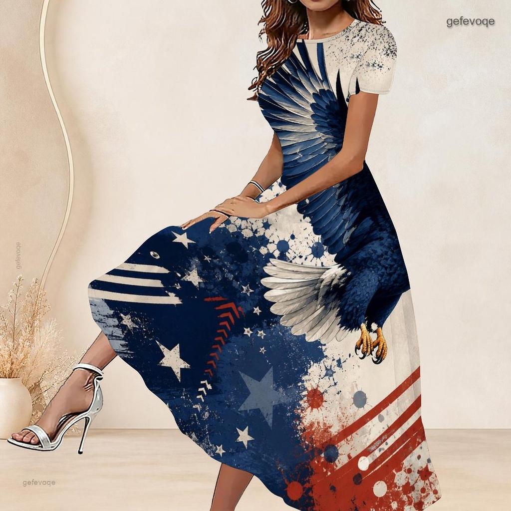 Women Plus Size Round Neck Short Sleeve Firework Star Printed Navy Blue Gathered Waist A Line Long Dress