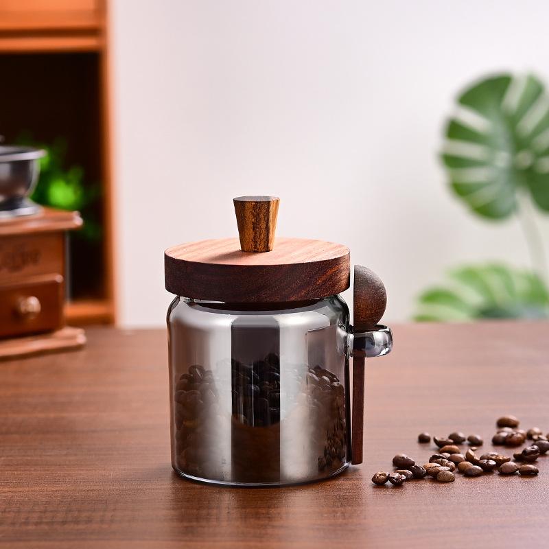 Creative Amber Coffee Bean Tea Storage Jar with Spoon Sealed Jar High Borosilicate Glass Sealed Bottle Wooden Lid Food Container