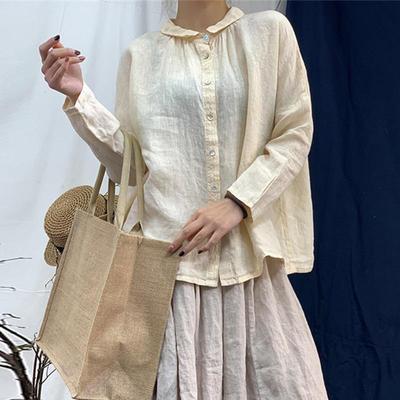 Linen Womens Tops Blouses Autumn Japanese Turn-down Collar Single-breasted Female Shirts