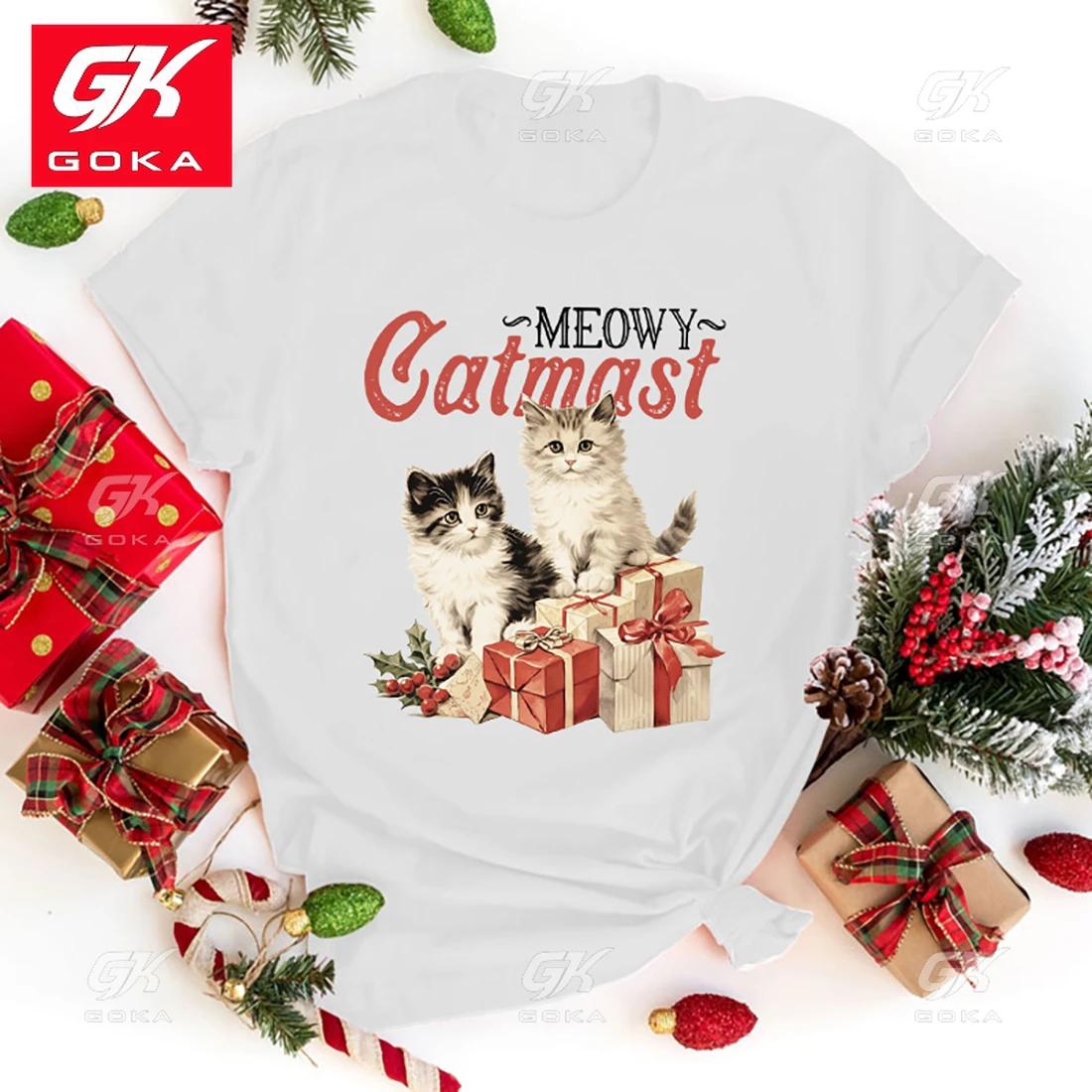 

Unisex Short Sleeve Meowy Christmas Print Cotton T Shirt Women Causal Harajuku Top Cute Funny T Shirts Hip Hop Short Sleeve Tees S