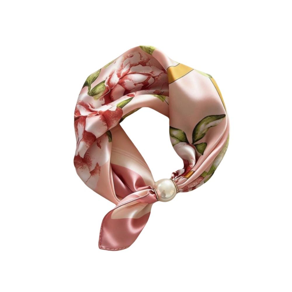 Breathable Silk Scarf Lightweight Printed Neck Scarf Elegant Pearl Buckle Scarf  Women