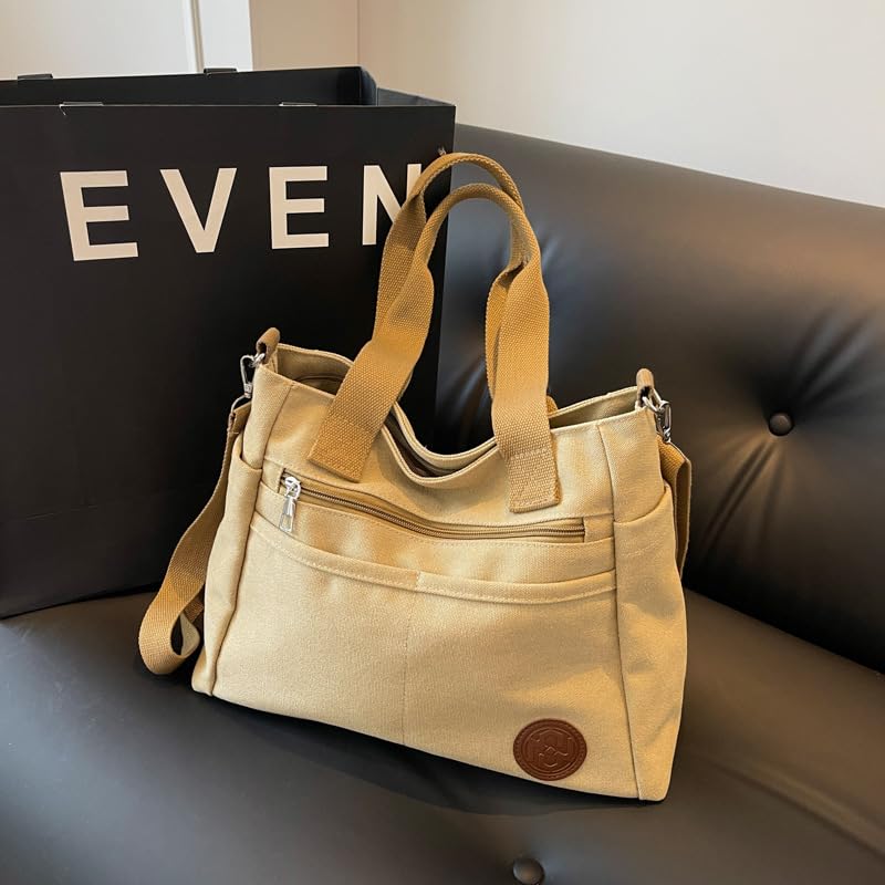 VFBNUINJKL Women's Canvas Tote Bag with Zipper, Multiple Pockets, Large Capacity, A4 Size, Lightweight, Perfect for Travel, Commuting, and School