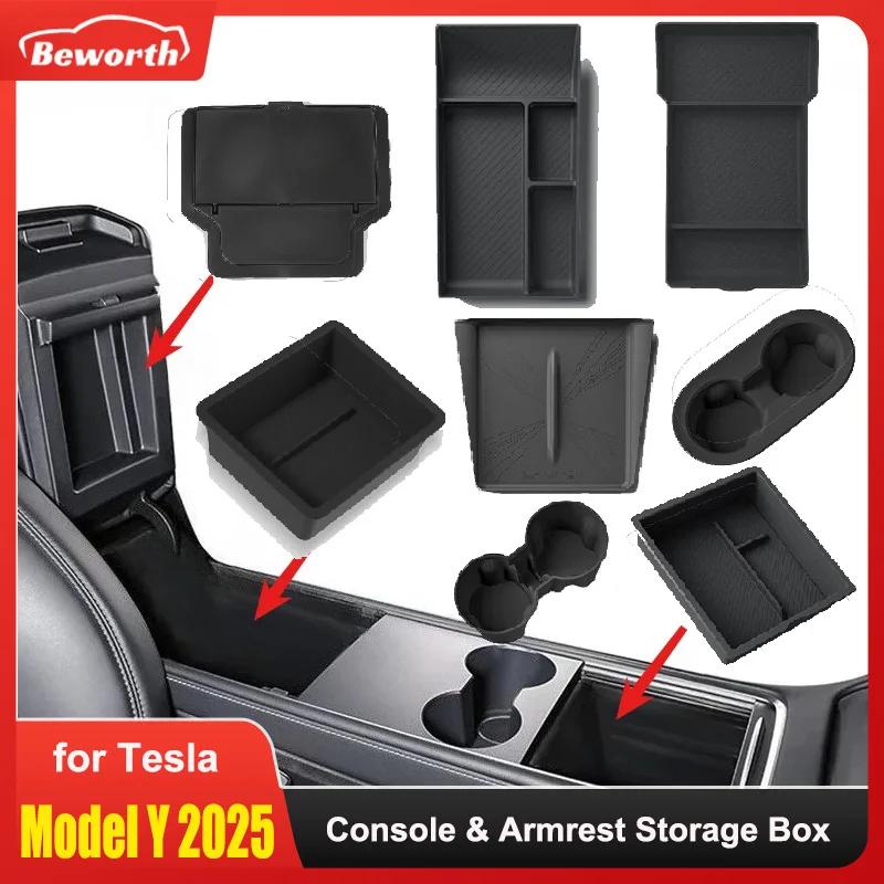 For Tesla Model Y Juniper 2025 2026 Center Control Armrest Storage Organizer Box Water Cup Sunglasses Phone Holder Tray LAUNCH