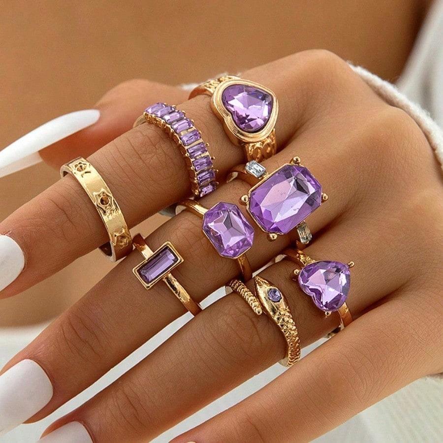 Pink oil drip mushroom star gemstone ring Butterfly heart diamond palm ring set