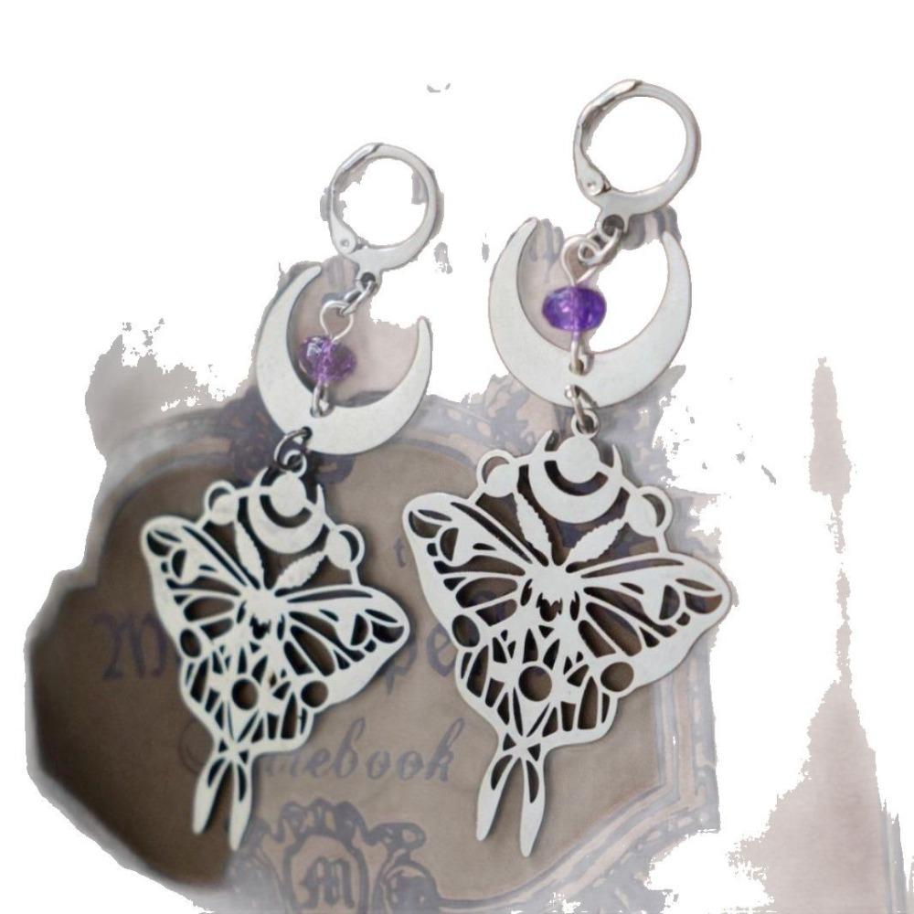 Neo-Gothic Stainless Steel Hollowed-out Butterfly Crescent Purple Crystal Bead Moth Dangle Earrings for Woman Jewelry Accessory
