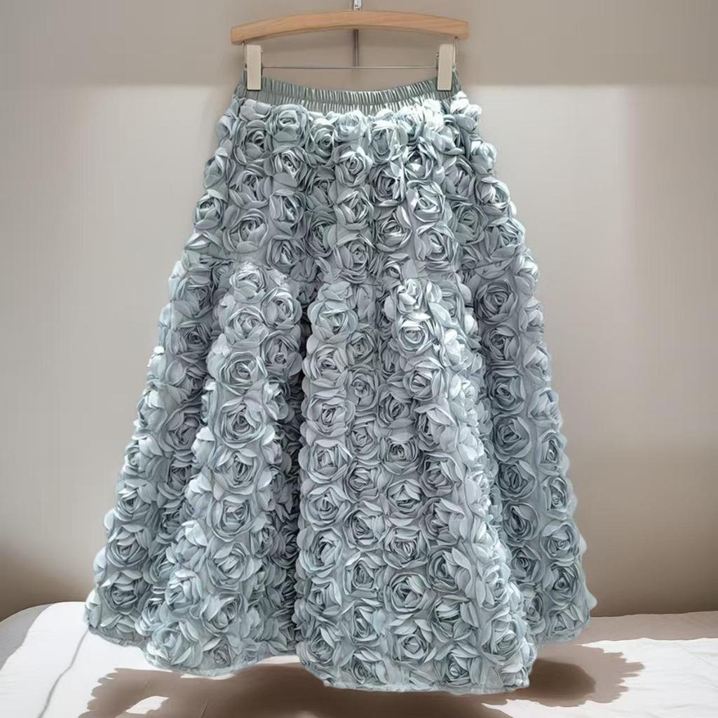French A-Line High Waist Skirt with 3D Flowers - Spring/Winter Collection