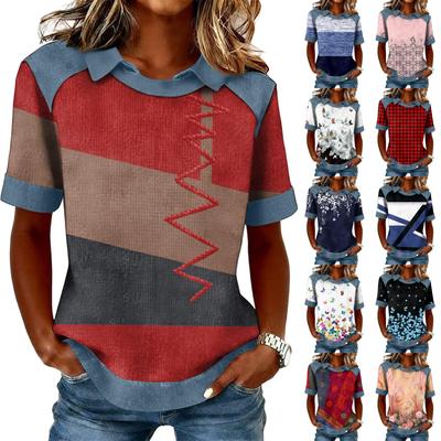 Damska Bluza z Kapturem Fashion Kołnierzyk Cowboy Splicing Casual z Nadrukiem Krótki Rękaw Top