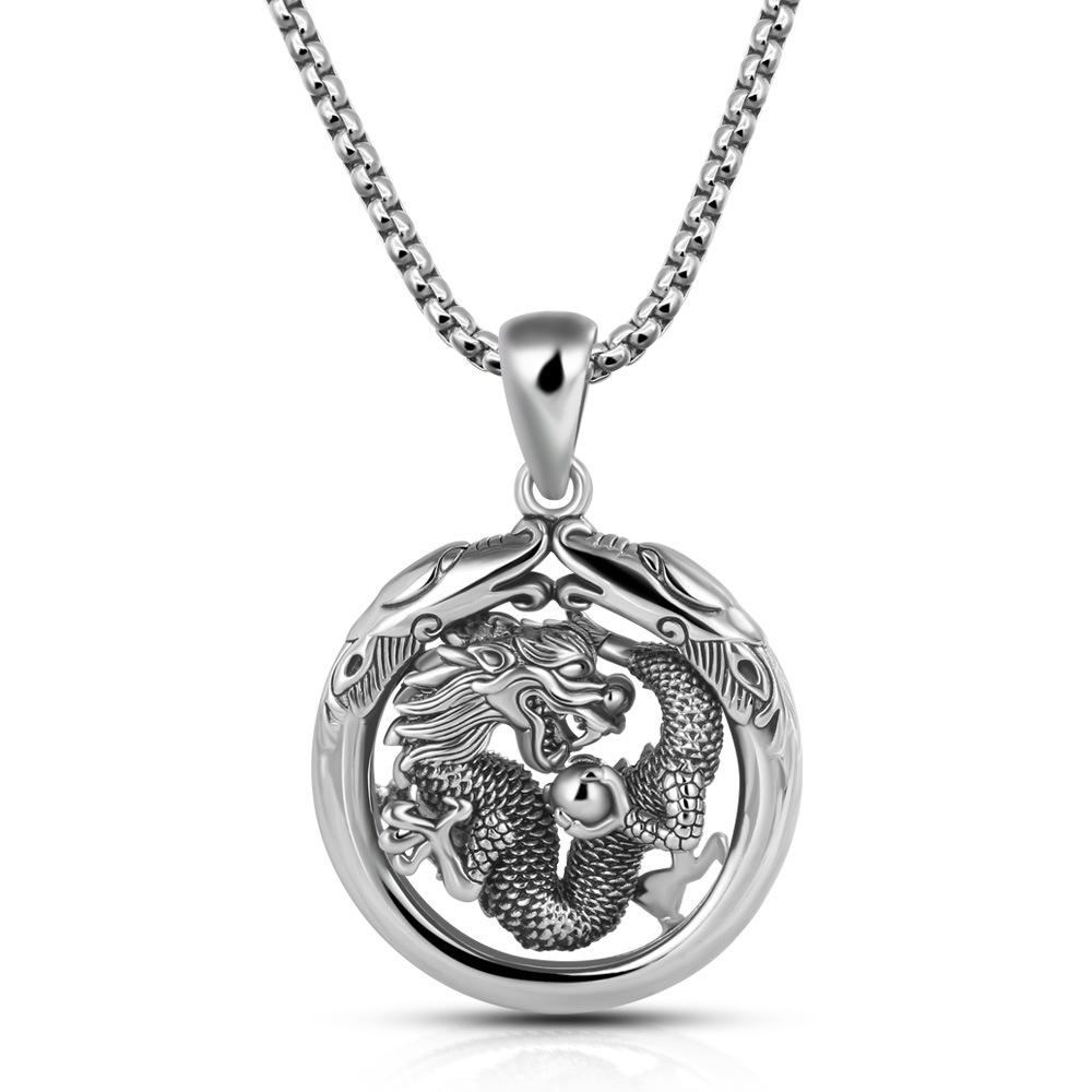 Vintage Men'S Dragon Ring Pendant Necklace Trendy Men'S Copper Electroplated Thick Rhodium Imitation Thai Silver Jewelry